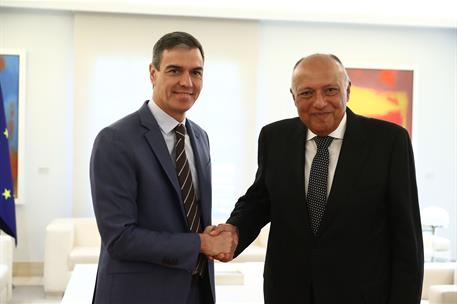 3/06/2024. Pedro Sánchez saluda al ministro de Asuntos Exteriores de la República Árabe de Egipto, Sameh Shoukry. Pedro Sánchez saluda al mi...